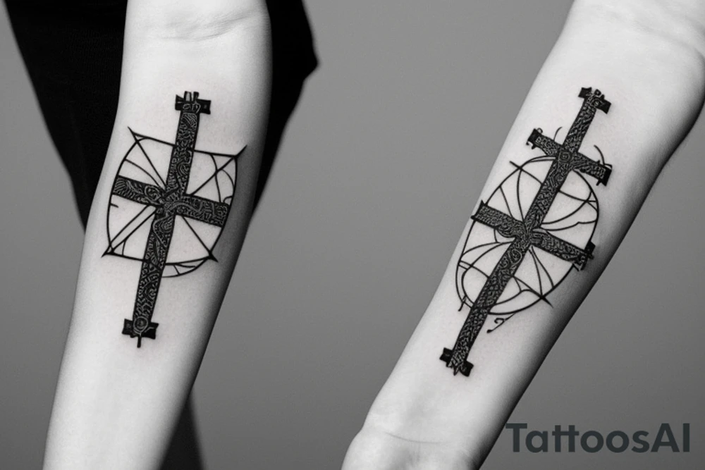 A cross on an arm with fractal geometric pattern behind and around it tattoo idea