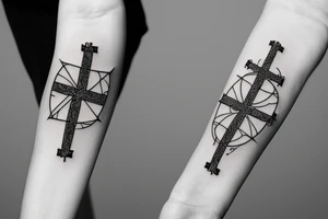 A cross on an arm with fractal geometric pattern behind and around it tattoo idea