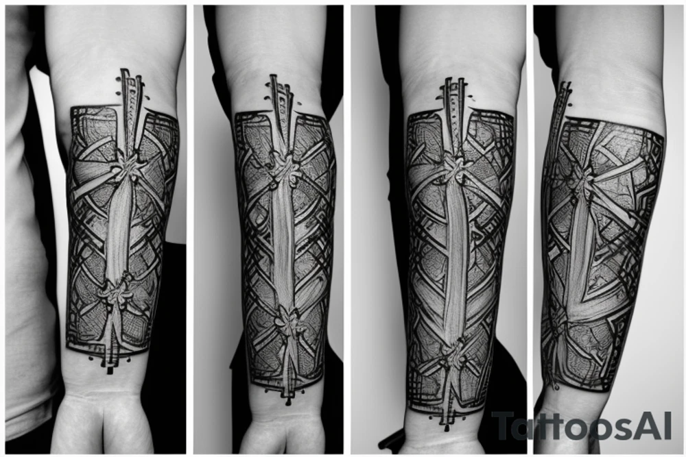 A cross on an arm with fractal geometric pattern behind and around it tattoo idea