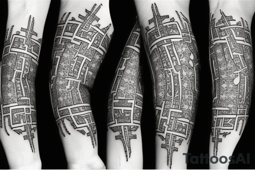 A cross on an arm with fractal geometric pattern behind and around it tattoo idea