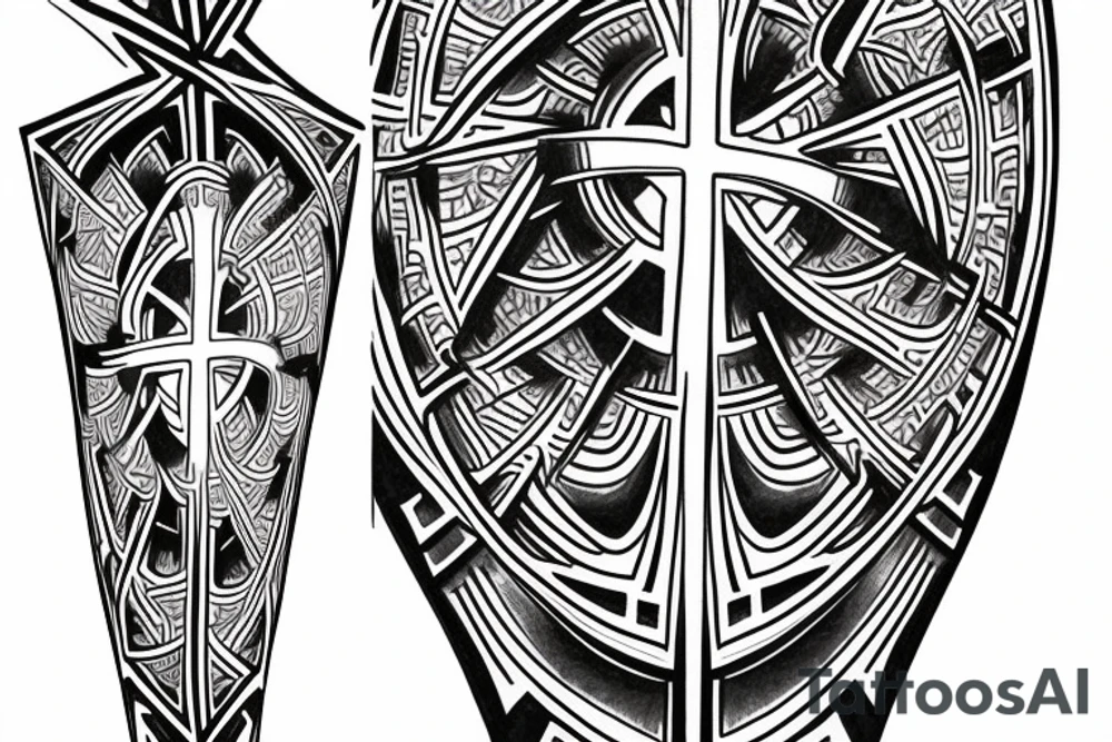 A cross on an arm with fractal geometric sacred geometry pattern behind and around it tattoo idea
