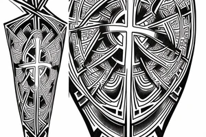 A cross on an arm with fractal geometric sacred geometry pattern behind and around it tattoo idea