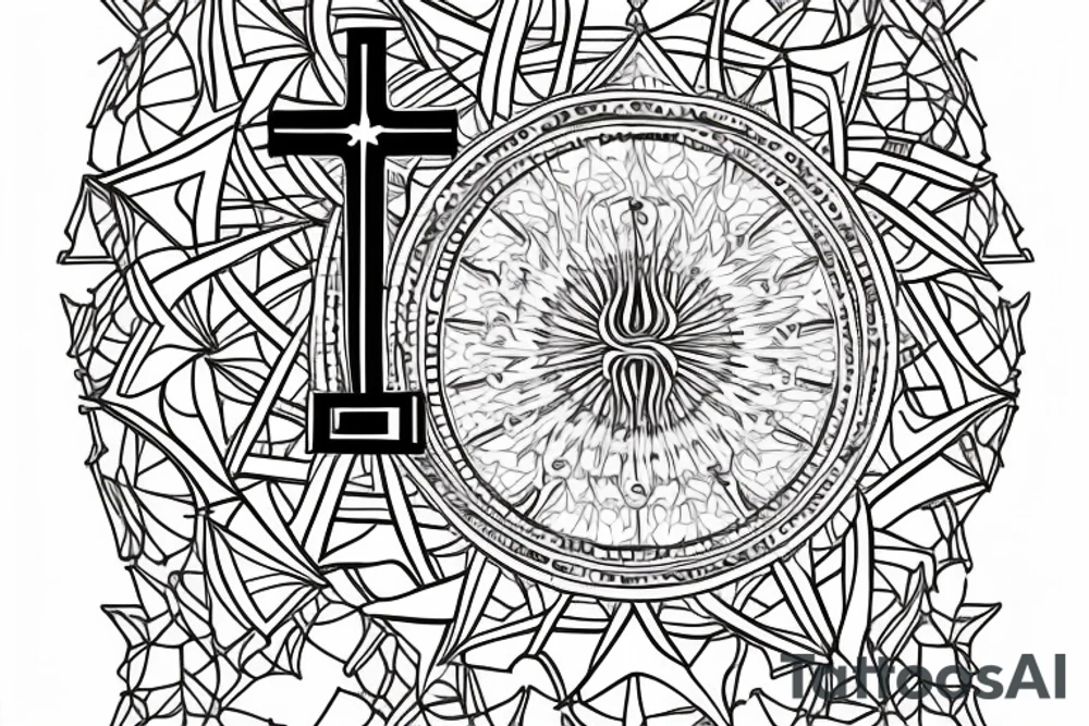 A cross on an arm with fractal geometric sacred geometry pattern behind and around it tattoo idea