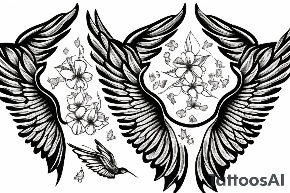 Gemini symbol with a pair of wings, surrounded by hummingbirds and flowers tattoo idea