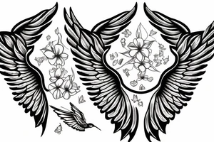 Gemini symbol with a pair of wings, surrounded by hummingbirds and flowers tattoo idea