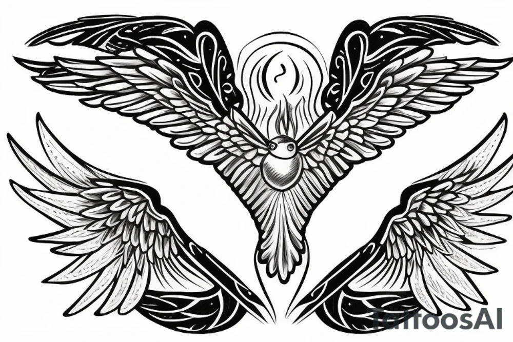 Gemini symbol with a pair of wings, surrounded by hummingbirds and flowers tattoo idea