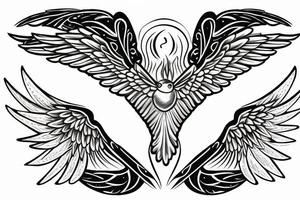 Gemini symbol with a pair of wings, surrounded by hummingbirds and flowers tattoo idea