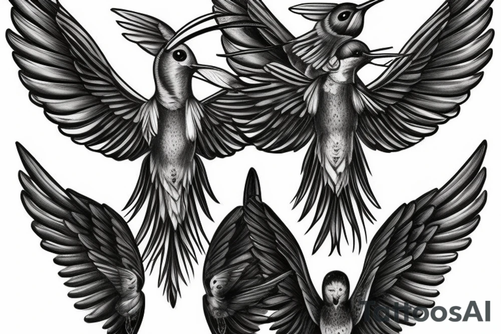 Gemini symbol with a pair of wings surrounded by hummingbirds and flowers tattoo idea