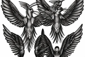 Gemini symbol with a pair of wings surrounded by hummingbirds and flowers tattoo idea