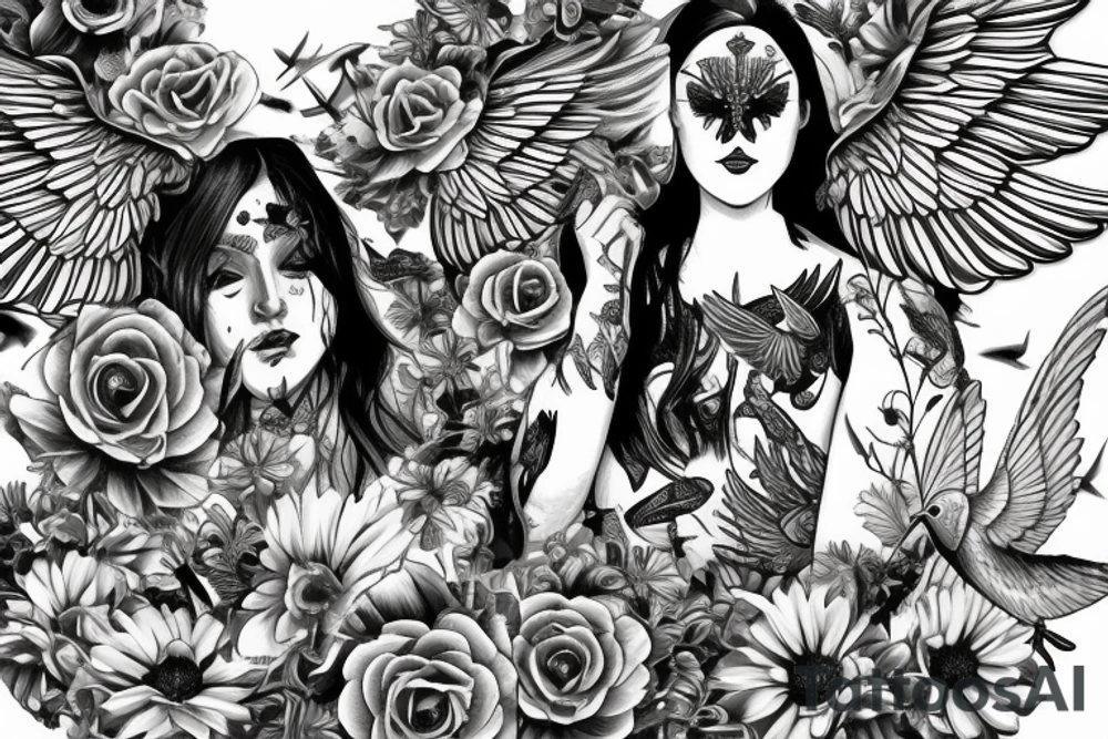 Gemini symbol with a pair of wings surrounded by hummingbirds and flowers tattoo idea