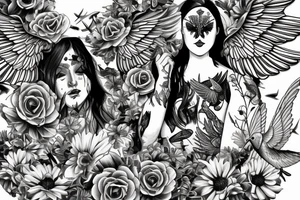 Gemini symbol with a pair of wings surrounded by hummingbirds and flowers tattoo idea