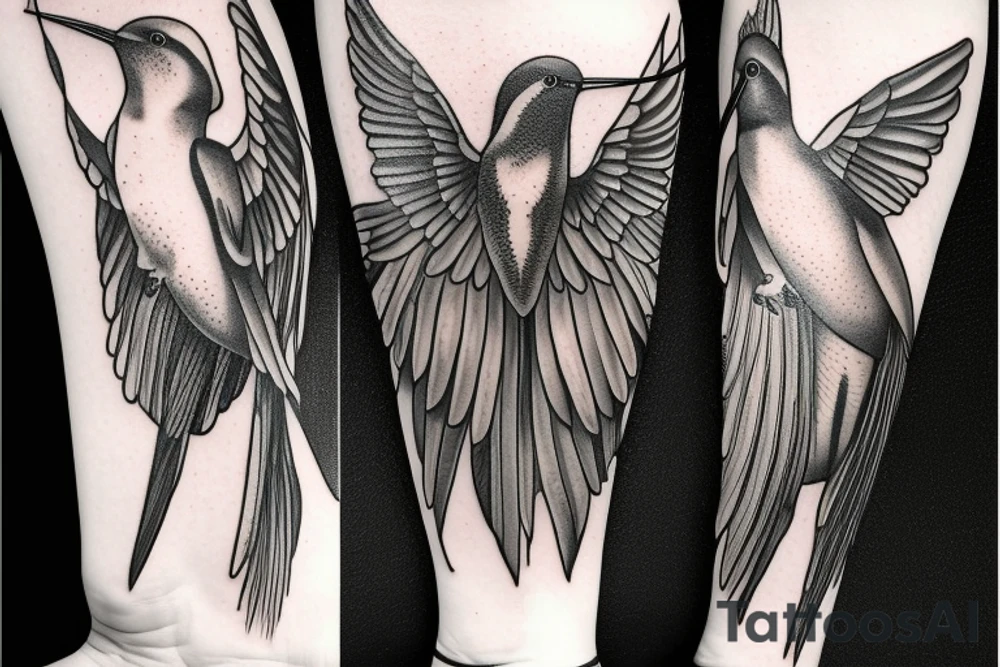 Castor and Pollux with a pair of wings surrounded by hummingbirds and flowers tattoo idea