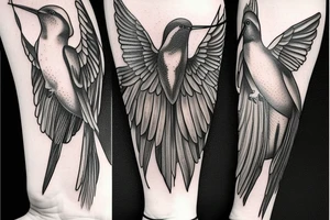 Castor and Pollux with a pair of wings surrounded by hummingbirds and flowers tattoo idea