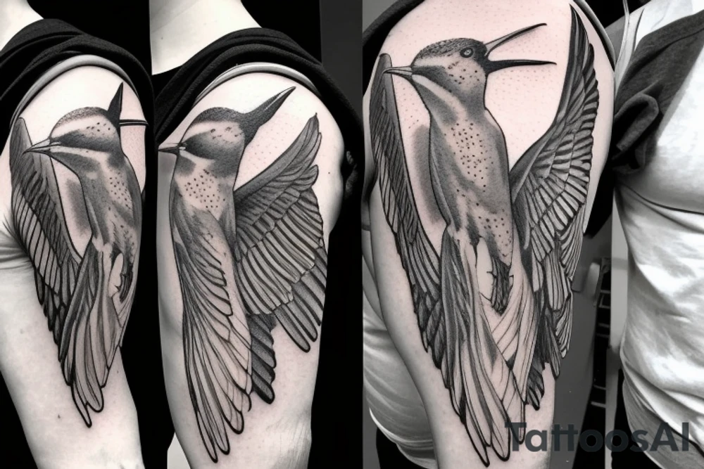 Castor and Pollux with a pair of wings surrounded by hummingbirds and flowers tattoo idea