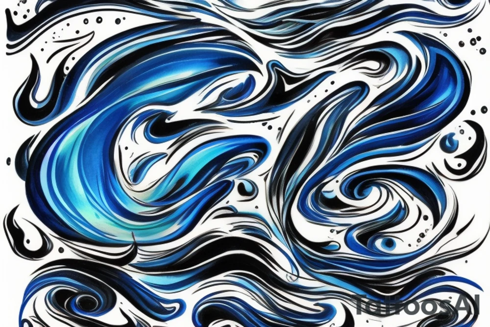 on a white background, colors use all shades of blue and black, elongated shape, the main idea to depict the bubbling water, which will reflect my essence, character and temperament, to put a little female force, power, greatness and incessant motion, development, flow tattoo idea