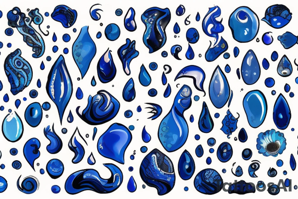 on a white background, colors use all shades of blue and black, elongated shape, the main idea to depict the bubbling water, which will reflect my essence, character and temperament, to put a little female force, power, greatness and incessant motion, development, flow tattoo idea