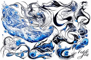 sketch of a tattoo on the thigh of a girl, bubbling water, power, majesty and incessant movement, development, flow, use all shades of blue and be sure to black tattoo idea