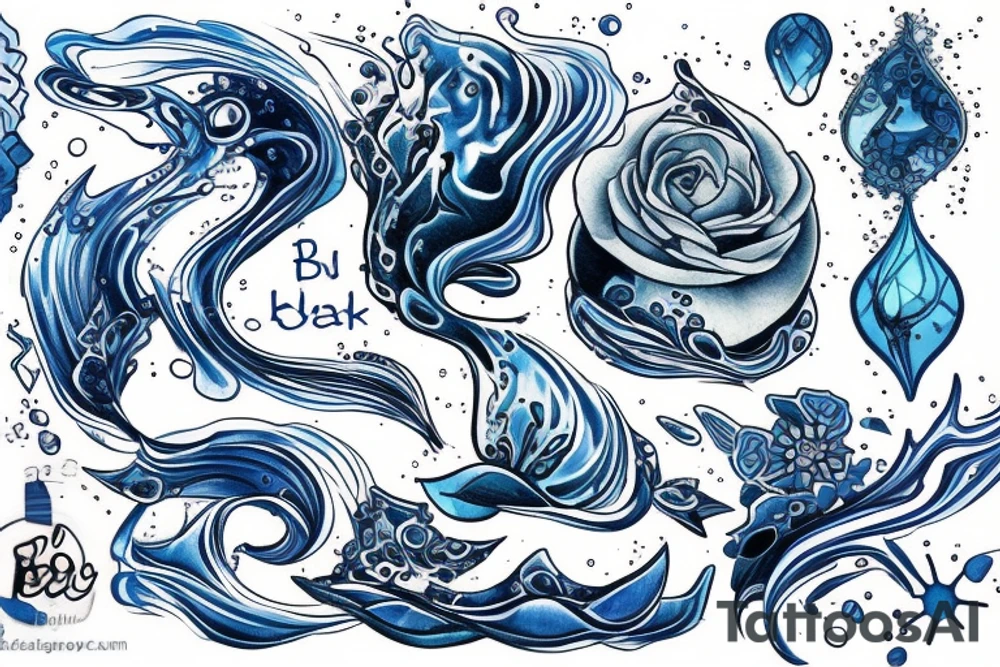 sketch of a tattoo on the thigh of a girl, bubbling water, power, majesty and incessant movement, development, flow, use all shades of blue and be sure to black tattoo idea