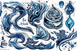 sketch of a tattoo on the thigh of a girl, bubbling water, power, majesty and incessant movement, development, flow, use all shades of blue and be sure to black tattoo idea