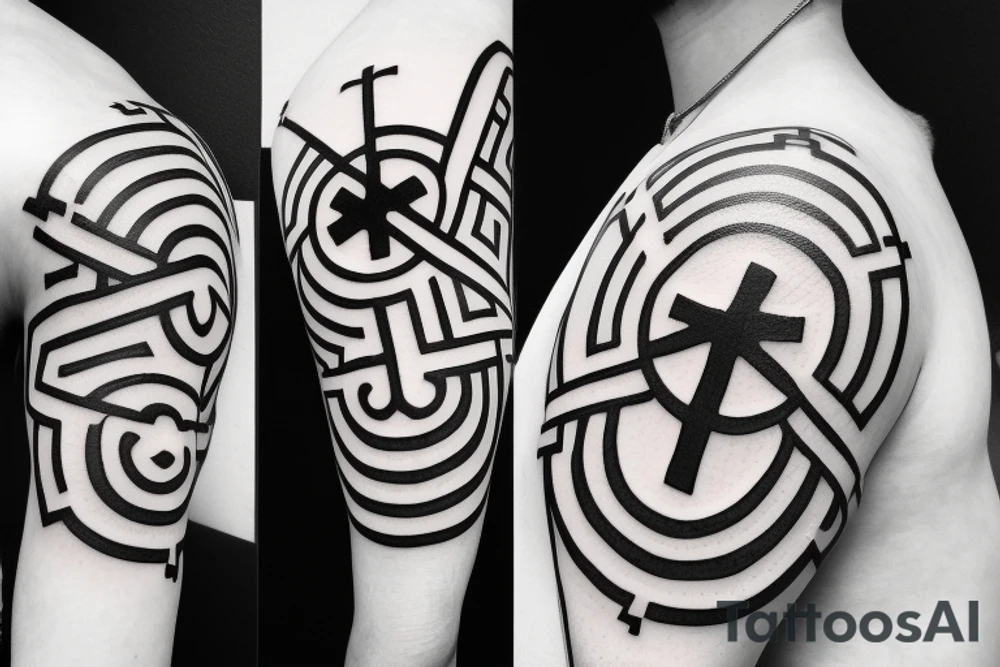 Geometric circular pattern around a cross, the left side black and the right side white tattoo idea Geometric circular pattern around a cross, the left side black and the right side white tattoo idea
