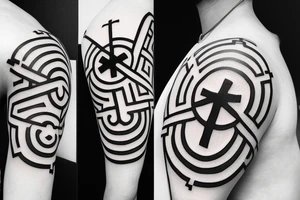 Geometric circular pattern around a cross, the left side black and the right side white tattoo idea