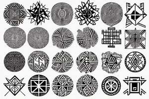 Geometric circular pattern around a cross, the left side black and the right side white tattoo idea
