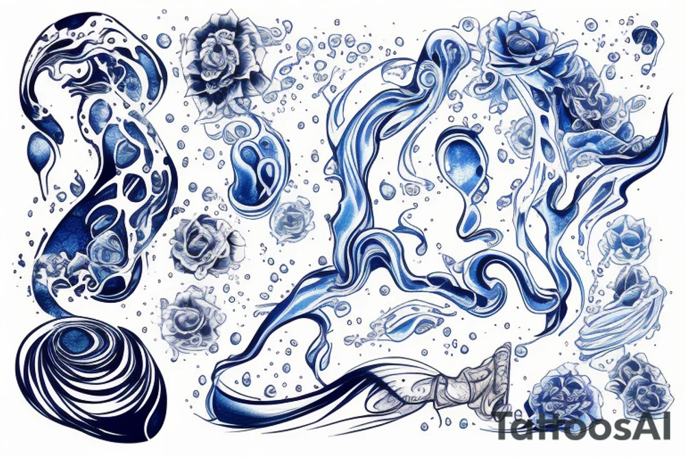 sketch of a tattoo on the girl's leg, bubbling water, power, majesty and incessant movement, development, flow, use all shades of blue and black tattoo idea