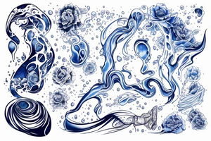 sketch of a tattoo on the girl's leg, bubbling water, power, majesty and incessant movement, development, flow, use all shades of blue and black tattoo idea