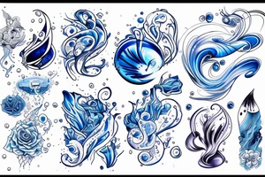 sketch of a tattoo on the girl's leg, bubbling water, power, majesty and incessant movement, development, flow, use all shades of blue and black tattoo idea