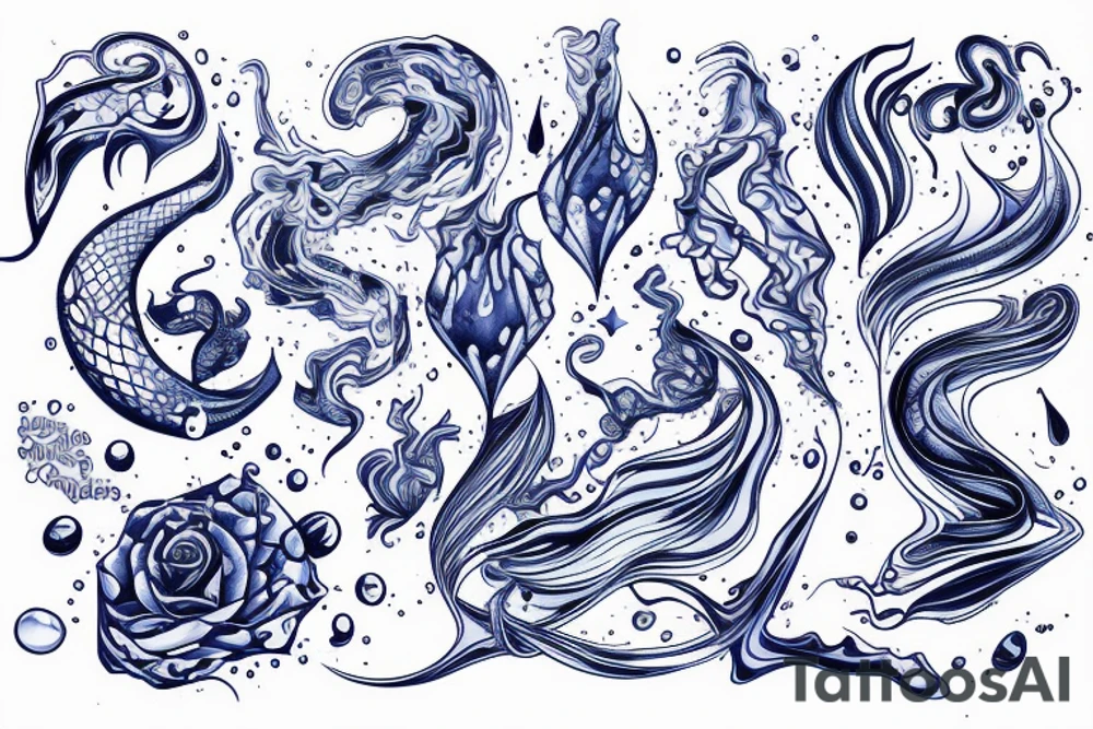 sketch of a tattoo on a girl's leg, bubbling water, power, majesty and incessant movement, development, flow, use all shades of blue and black, elongated shape tattoo tattoo idea