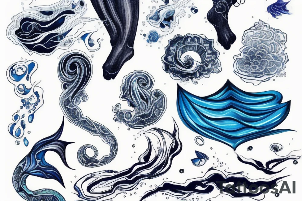 sketch of a tattoo on a girl's leg, bubbling water, power, majesty and incessant movement, development, flow, use all shades of blue and black, elongated shape tattoo tattoo idea