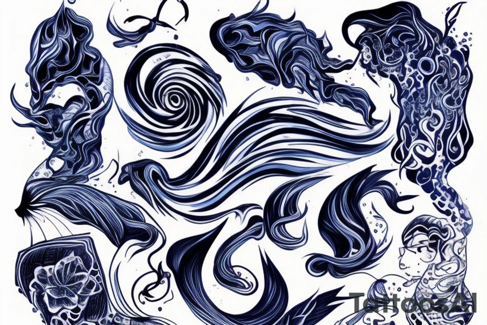 sketch of a tattoo on a girl's leg, bubbling water, power, majesty and incessant movement, development, flow, use all shades of blue and black, elongated shape tattoo tattoo idea
