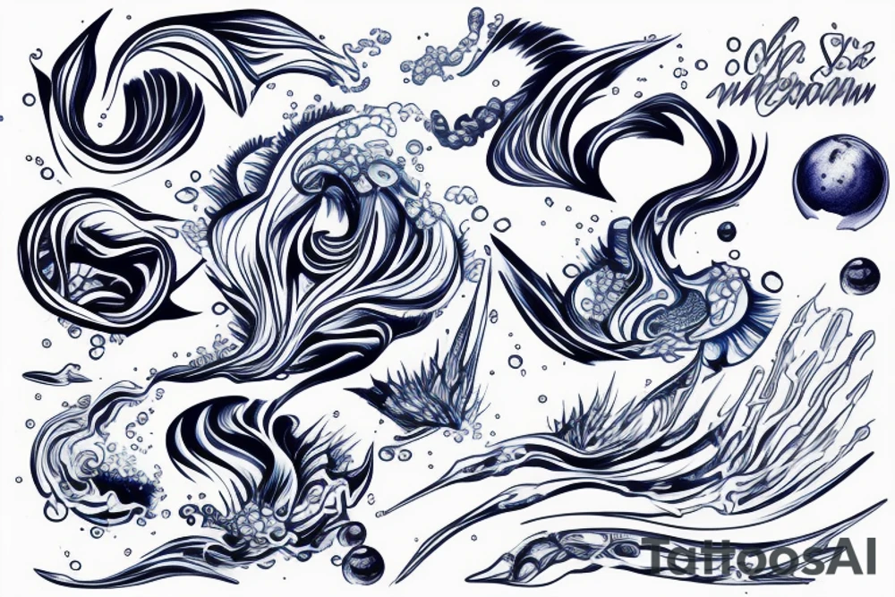 sketch of a tattoo on a girl's leg, bubbling water, power, majesty and incessant movement, development, flow, use all shades of blue and black, elongated shape tattoo tattoo idea