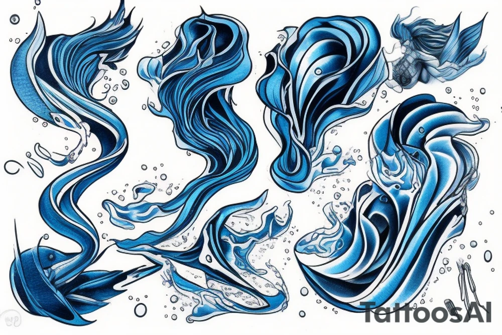 sketch of a tattoo on the girl's leg on the thigh, bubbling water, power, majesty and incessant motion, development, flow, use all shades of blue and black, elongated shape tattoo tattoo idea