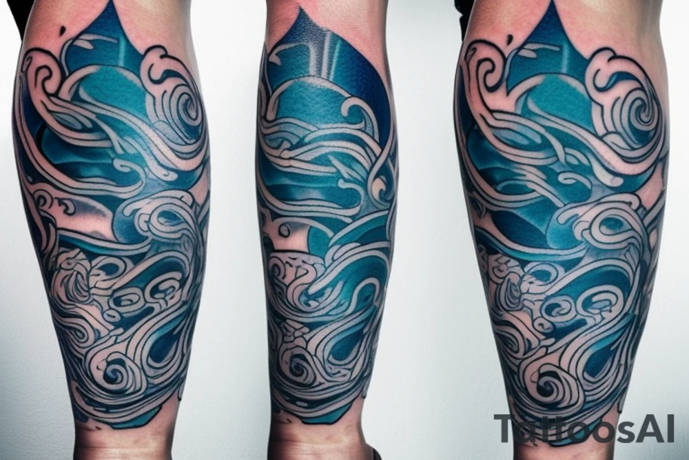 sketch of a tattoo on the girl's leg on the thigh, bubbling water, power, majesty and incessant motion, development, flow, use all shades of blue and black, elongated shape tattoo tattoo idea