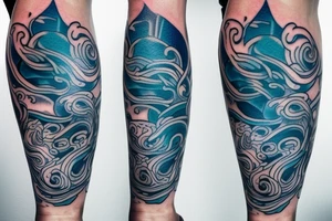 sketch of a tattoo on the girl's leg on the thigh, bubbling water, power, majesty and incessant motion, development, flow, use all shades of blue and black, elongated shape tattoo tattoo idea