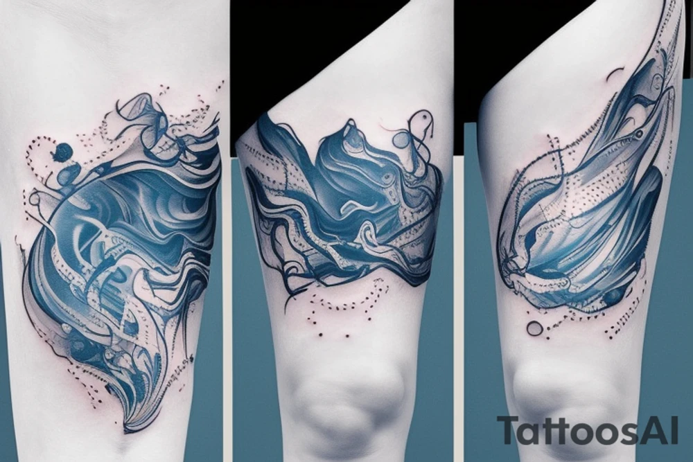 sketch of a tattoo on the girl's leg on the thigh, bubbling water, power, majesty and incessant motion, development, flow, use all shades of blue and black, elongated shape tattoo tattoo idea