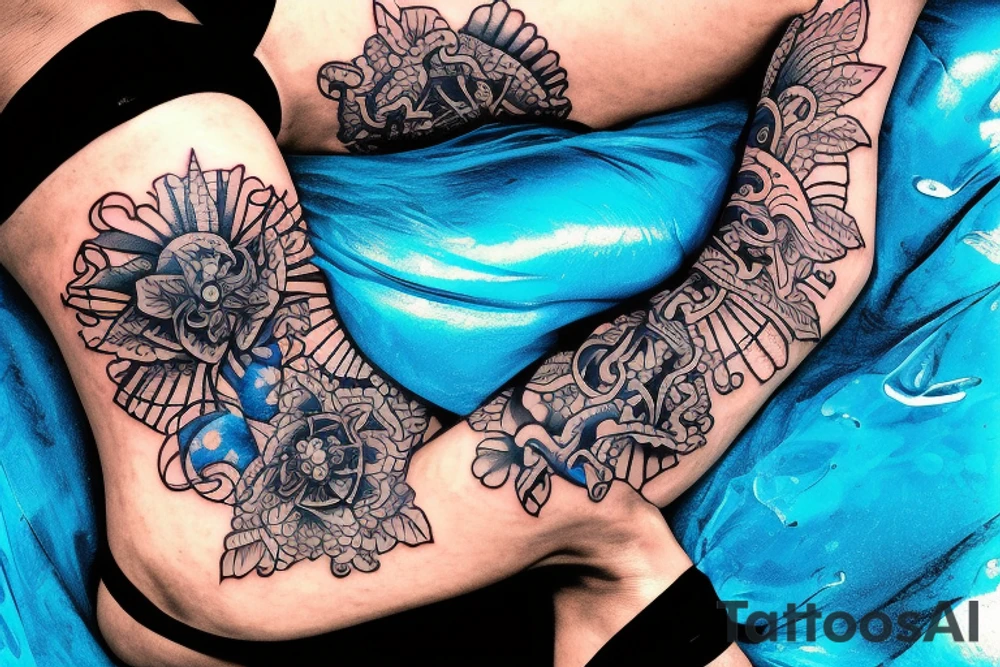 sketch of a tattoo on the upper leg of a girl on the thigh, bubbling water, power, majesty and ceaseless movement, development, flow, use all shades of blue and black,bright,in color,tattoo elongated shape,not crinkling, tattoo idea