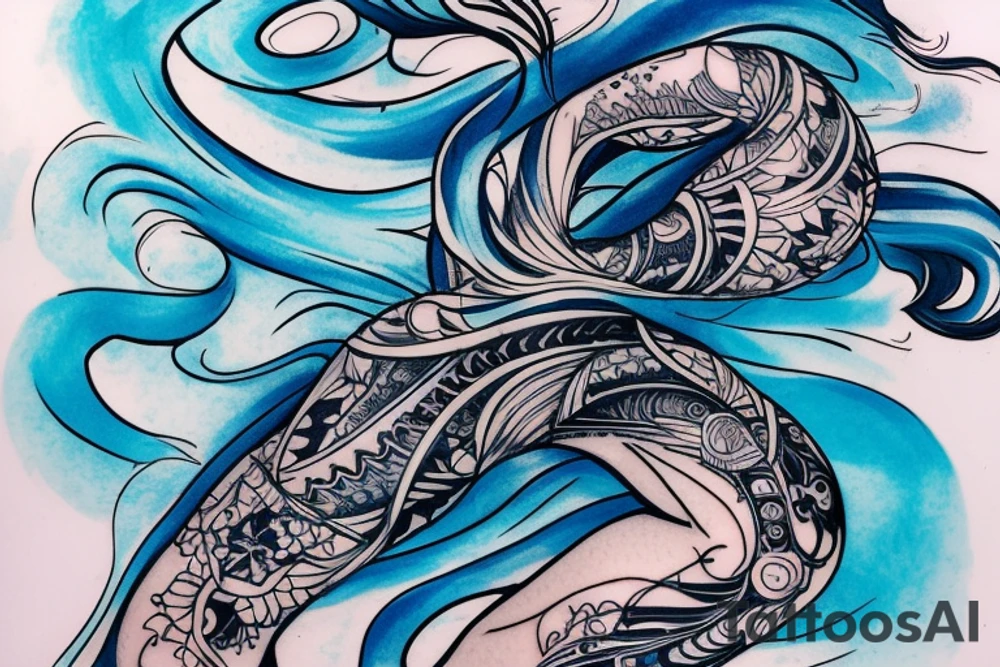 sketch of a tattoo on the upper leg of a girl on the thigh, bubbling water, power, majesty and ceaseless movement, development, flow, use all shades of blue and black,bright,in color,tattoo elongated shape,not crinkling, tattoo idea