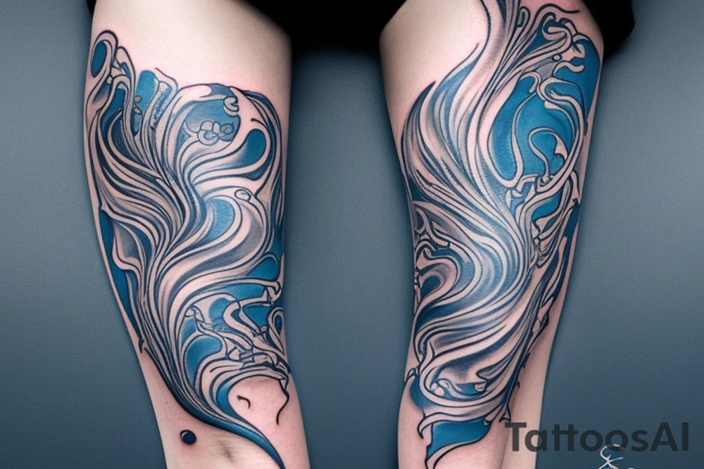 sketch of a tattoo on the upper leg of a girl on the thigh, bubbling water, power, majesty and ceaseless movement, development, flow, use all shades of blue and black,bright,in color,tattoo elongated shape,not crinkling, tattoo idea