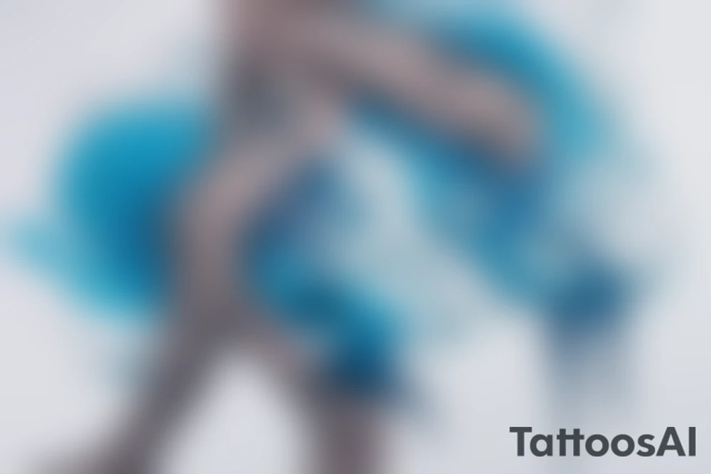 sketch of a tattoo on the upper leg of a girl on the thigh, bubbling water, power, majesty and ceaseless movement, development, flow, use all shades of blue and black,bright,in color,tattoo elongated shape,not crinkling, tattoo idea