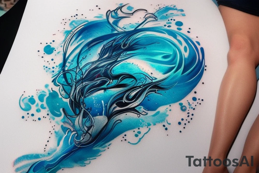 sketch of a tattoo on the upper leg of a girl on the thigh, bubbling water, power, majesty and ceaseless movement, development, flow, use all shades of blue and black,bright,in color,tattoo elongated shape,on a white background crisply, tattoo idea