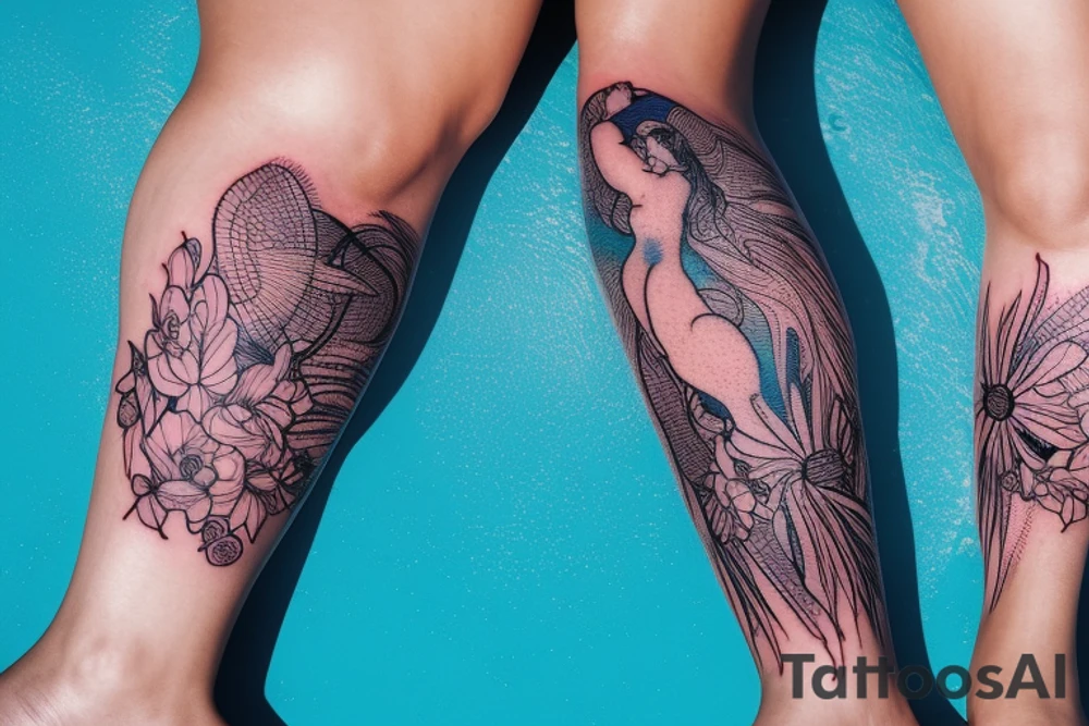 sketch of a tattoo on the upper leg of a girl on the thigh, bubbling water, power, majesty and ceaseless movement, development, flow, use all shades of blue and black,bright,in color,tattoo elongated shape,on a white background crisply, tattoo idea