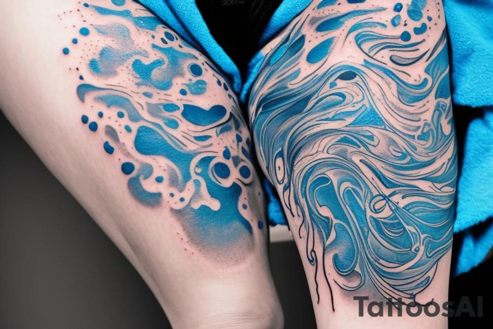 sketch of a tattoo on the upper leg of a girl on the thigh, bubbling water, power, majesty and ceaseless movement, development, flow, use all shades of blue and black,bright,in color,tattoo elongated shape,on a white background crisply, tattoo idea