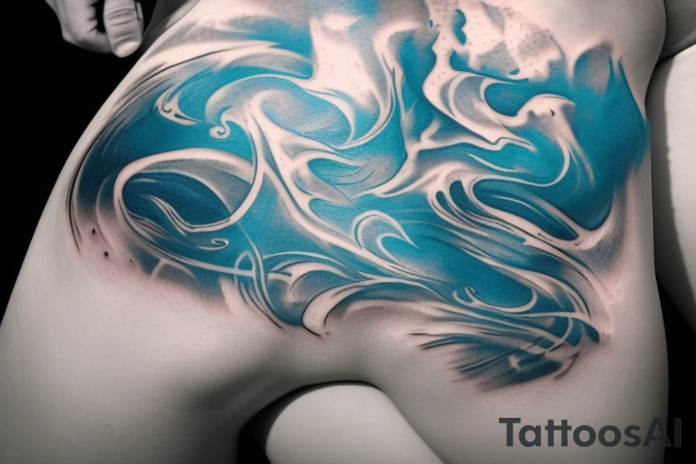 sketch of a tattoo on the upper leg of a girl on the thigh, bubbling water, power, majesty and ceaseless movement, development, flow, use all shades of blue and black,bright,in color,tattoo elongated shape,on a white background crisply, tattoo idea
