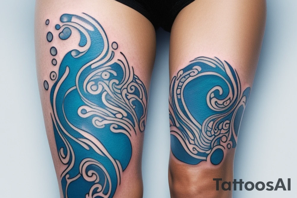 sketch of a tattoo on the upper leg of a girl on the thigh, bubbling water, power, majesty and ceaseless movement, development, flow, use all shades of blue and black,bright,in color,tattoo elongated shape,on a white background crisply, tattoo idea