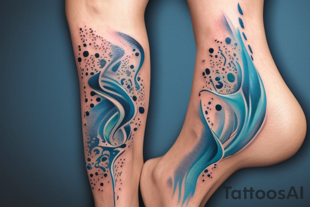 sketch of a tattoo on the upper leg of a girl on the thigh, bubbling water, power, majesty and ceaseless movement, development, flow, use all shades of blue and black,bright,in color,tattoo elongated shape,on a white background crisply, tattoo idea