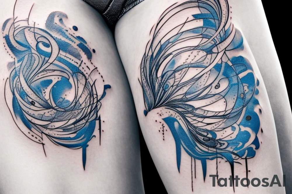 sketch of a tattoo on the upper leg of a girl on the thigh, bubbling water, power, majesty and ceaseless movement, development, flow, use all shades of blue and black,bright,in color,tattoo elongated shape,on a white background crisply, tattoo idea