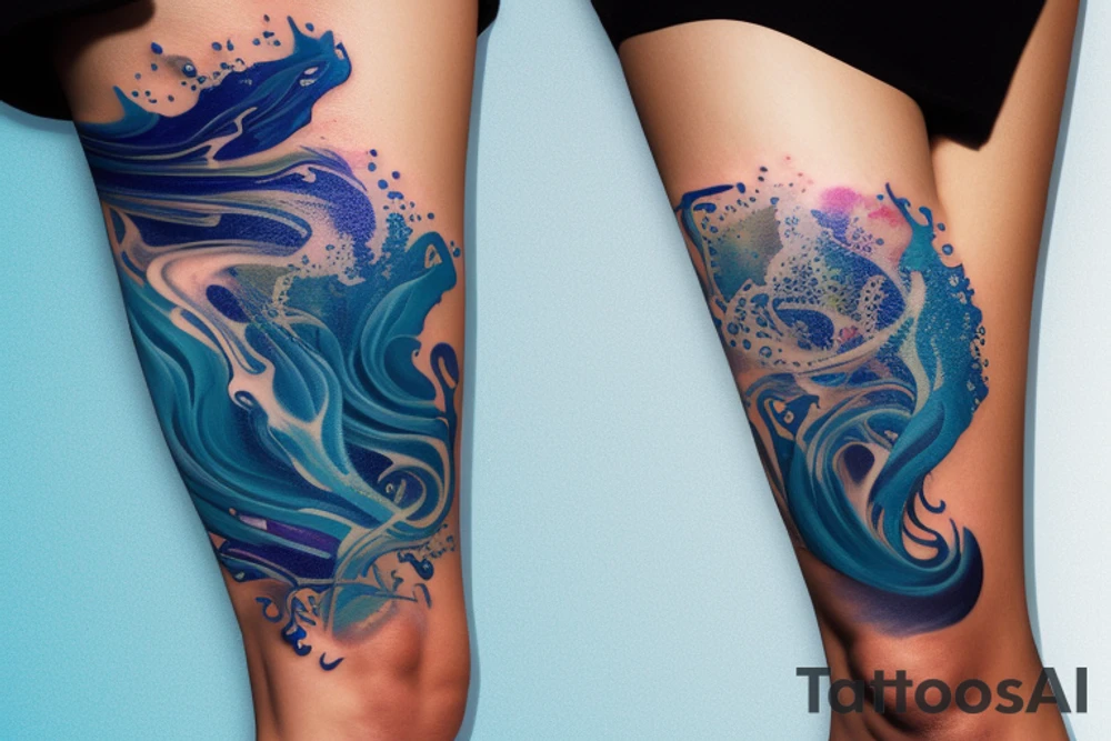 sketch of a tattoo on the upper leg of a girl on the thigh, bubbling water, power, majesty and ceaseless movement, development, flow, use all shades of blue and black,bright,in color,tattoo elongated shape,on a white background crisply, tattoo idea