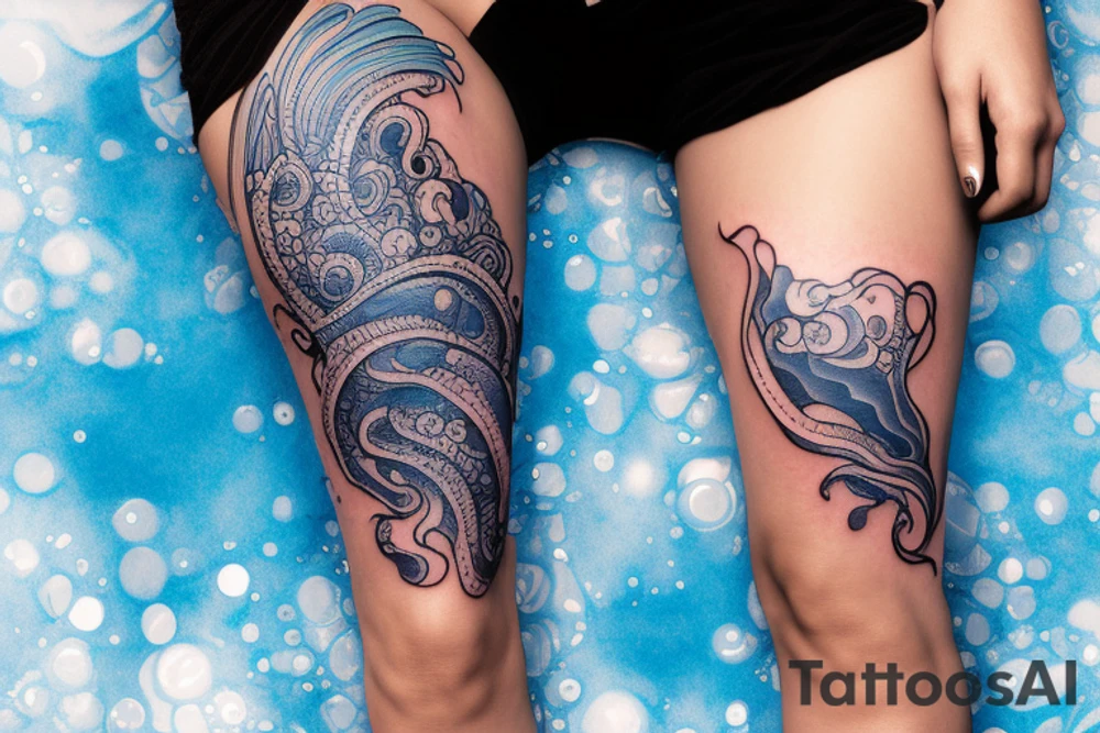 sketch of a tattoo on the upper leg of a girl on the thigh, bubbling water, power, majesty and ceaseless movement, development, flow, use all shades of blue and black,bright,in color,tattoo elongated shape,on a white background crisply, tattoo idea